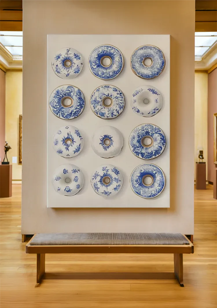 Twelve Donuts With Delft Blue Pattern Playful Ceramic Painting