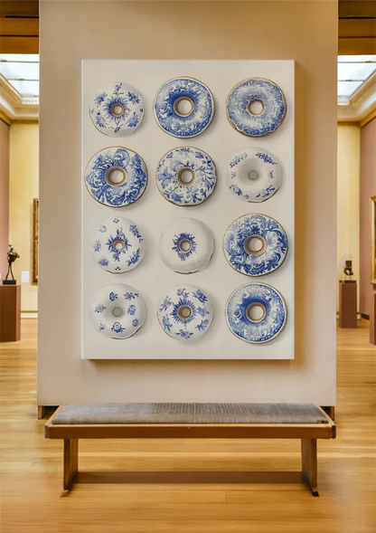 Twelve Donuts With Delft Blue Pattern Playful Ceramic Painting