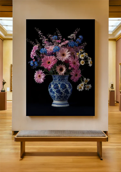 Roze Gerbera Blauwe Korenbloemen in Delfts Blauwe Vaas Donker Schilderij