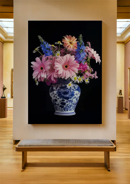 Delfts Blauw Vaas Kleurrijke Bloemen Boeket Donkere Achtergrond Schilderij