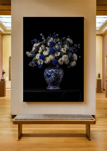 Delfts Blauwe Vaas Witte Rozen Blauwe Bloemen Zwarte Achtergrond Schilderij