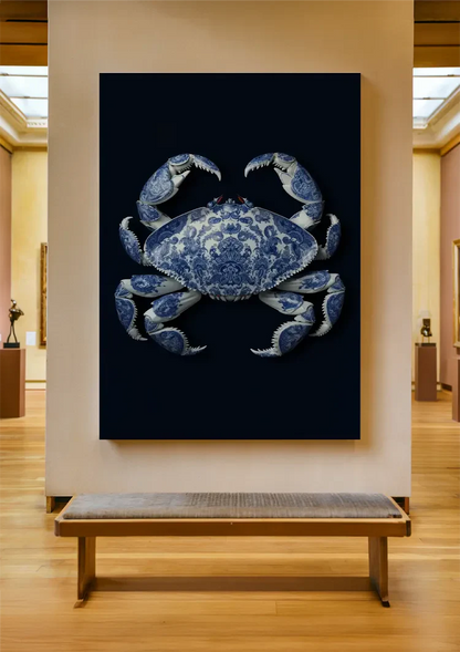 Delft Blue Crab Dark Background Classic Porcelain Pattern Painting