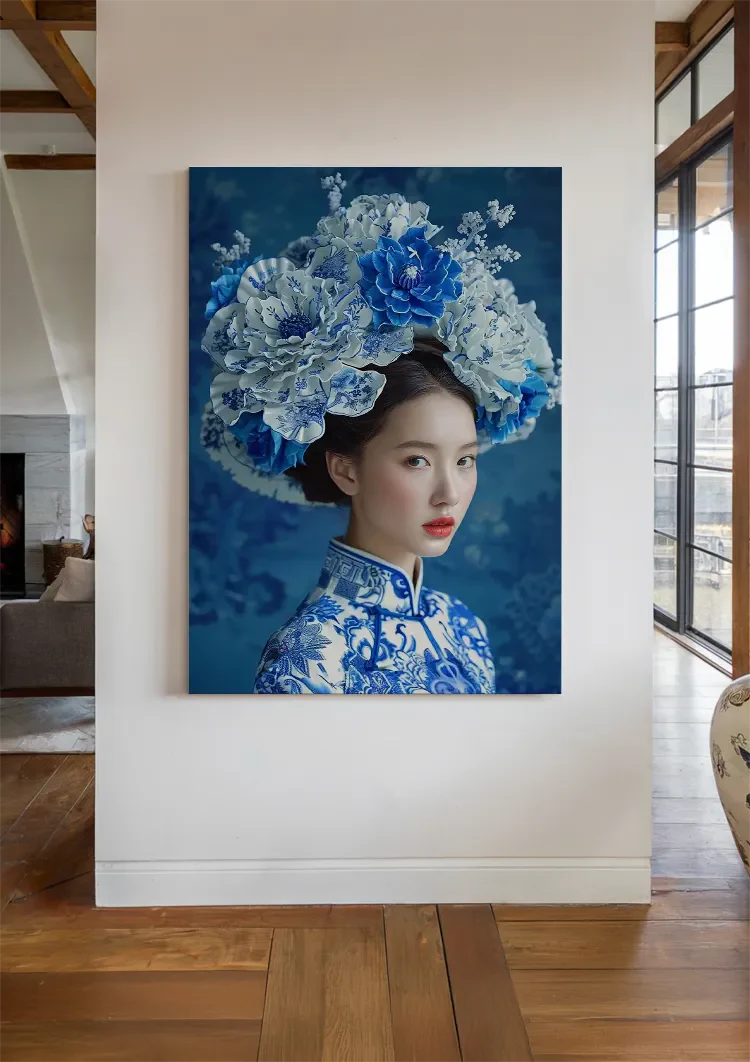Delfts Blauw Vrouw Grote Bloemenkroon Traditioneel Portret Blauw Schilderij
