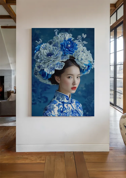Delfts Blauw Vrouw Grote Bloemenkroon Traditioneel Portret Blauw Schilderij