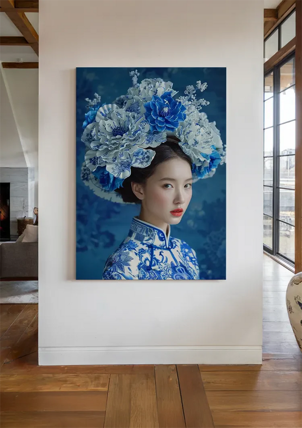 Delfts Blauw Vrouw Grote Bloemenkroon Traditioneel Portret Blauw Schilderij