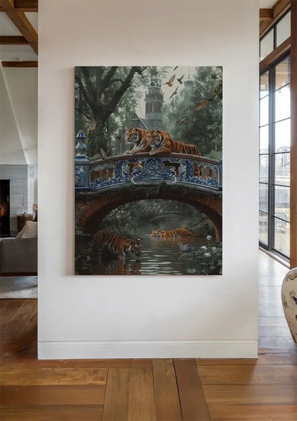 Tiger auf Porzellanbrücke Grüner Wald Asiatisches Gemälde