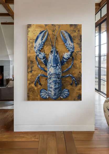 Delfter Blau Hummer Goldener Hintergrund Chinesisches Porzellan Luxus Klassisches Gemälde