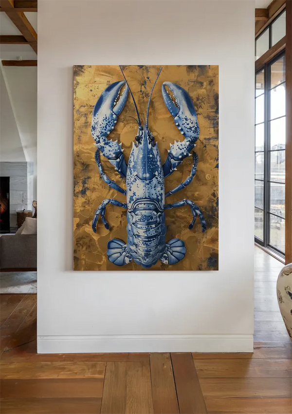 Delfter Blau Hummer Goldener Hintergrund Chinesisches Porzellan Luxus Klassisches Gemälde