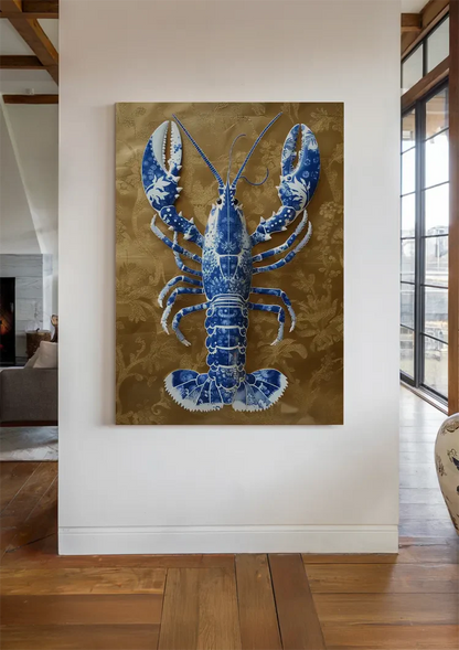 Delft Blue Lobster Gold Textured Background Painting