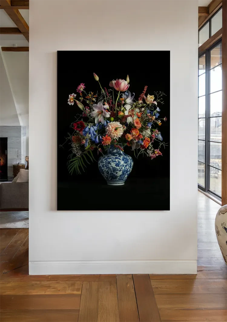 Delfts Blauw Vaas Kleurrijk Bloemboeket Tulpen Rozen Zwarte Achtergrond Stilleven Schilderij