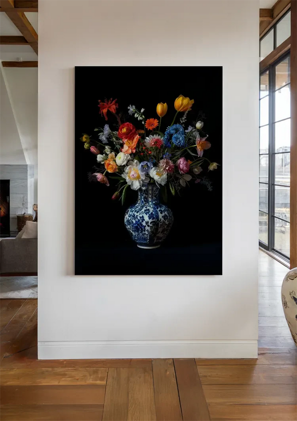 Delfts Blauwe Vaas Kleurrijke Bloemen Tulpen Pioenrozen Donkere Achtergrond Schilderij