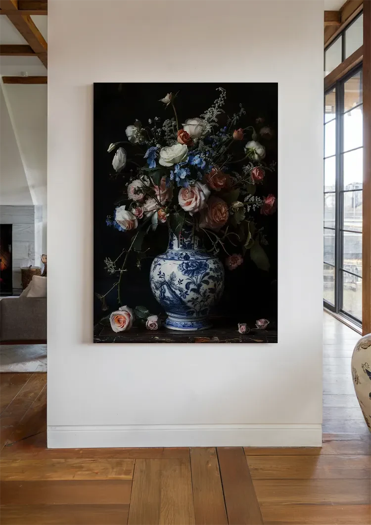 Delfts Blauw Vaas Roze Witte Rozen Bloemenboeket Stilleven Schilderij