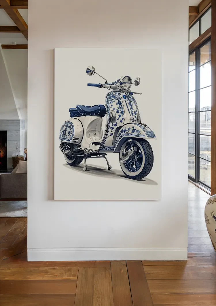 Delfts Blauwe Vintage Vespa Scooter Bloemen Decoratie Schilderij