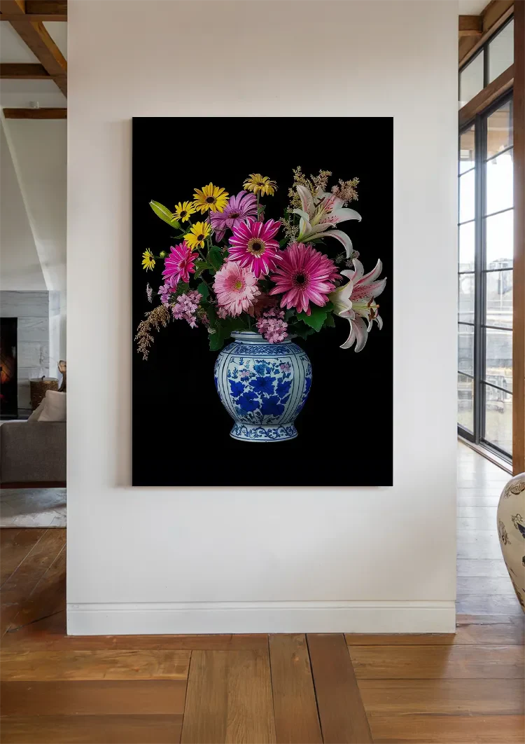 Kleurrijk Bloemboeket in Delfts Blauwe Vaas Donkere Achtergrond Schilderij