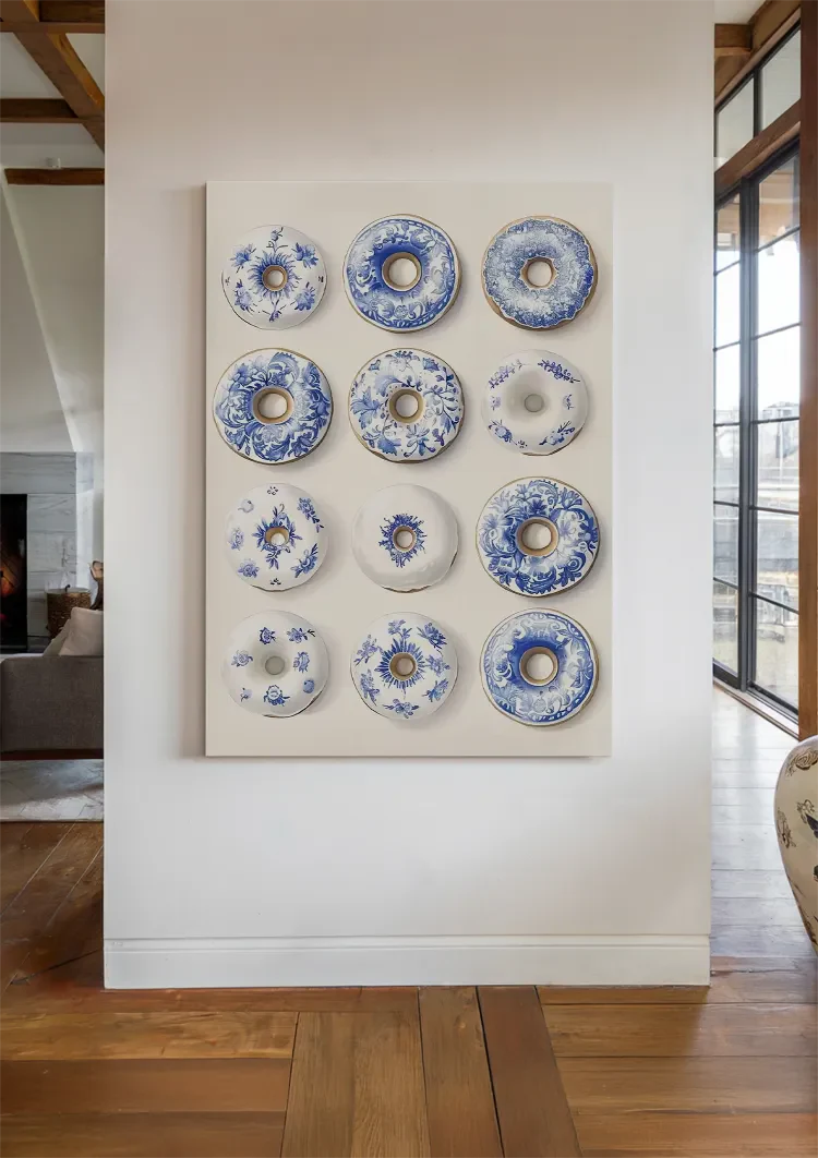 Twelve Donuts With Delft Blue Pattern Playful Ceramic Painting