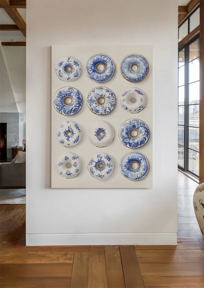 Twelve Donuts With Delft Blue Pattern Playful Ceramic Painting