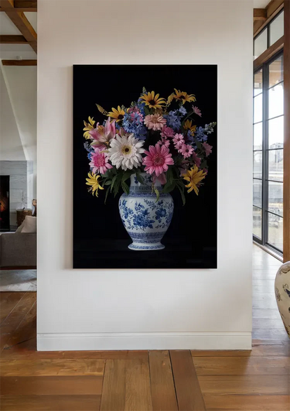 Vrolijk Bloemboeket in Delfts Blauwe Vaas Gerbera Zonnebloem Schilderij