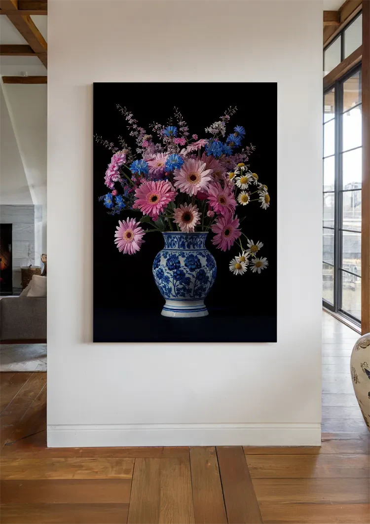 Roze Gerbera Blauwe Korenbloemen in Delfts Blauwe Vaas Donker Schilderij
