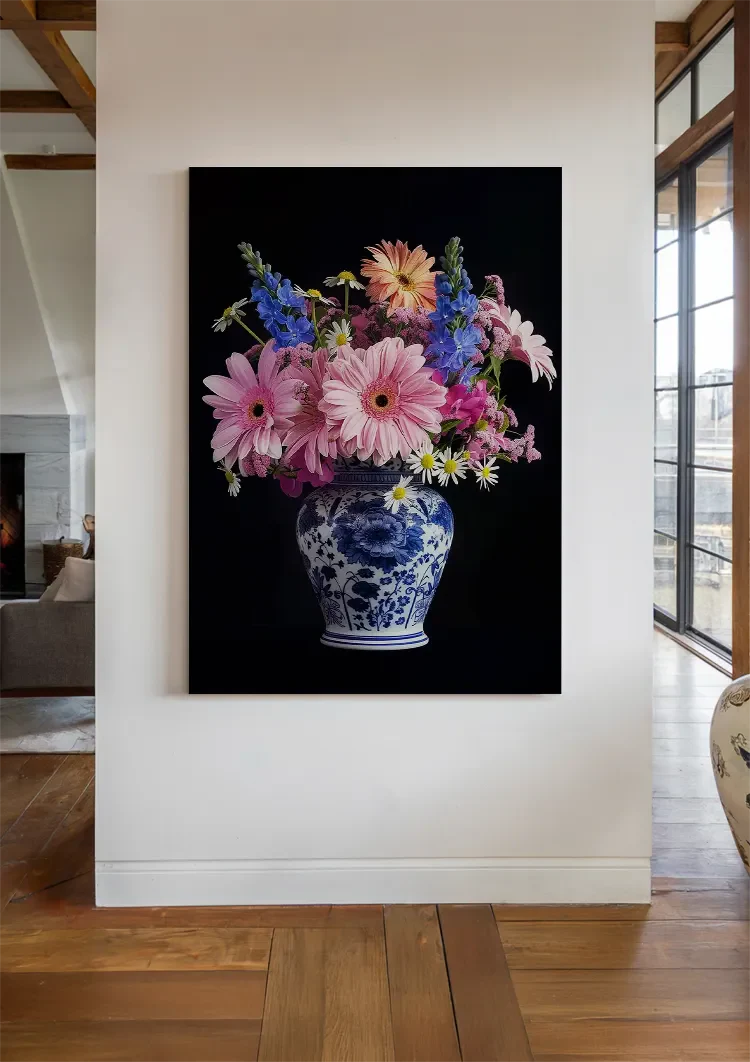 Delfts Blauw Vaas Kleurrijke Bloemen Boeket Donkere Achtergrond Schilderij