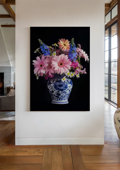 Delfts Blauw Vaas Kleurrijke Bloemen Boeket Donkere Achtergrond Schilderij
