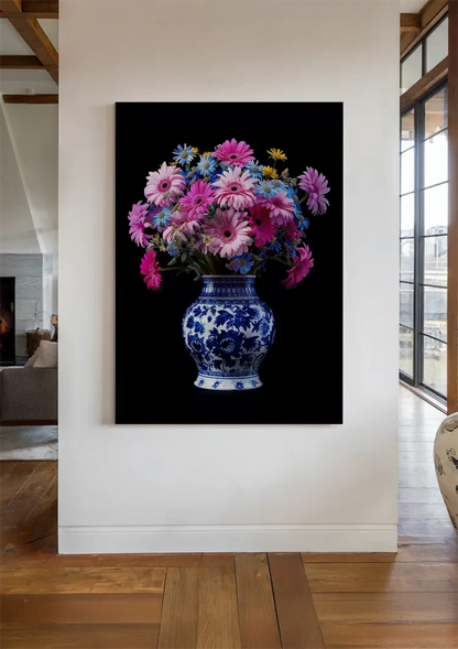 Delfter blaue Vase mit bunten Blumen auf schwarzem Hintergrund Gemälde