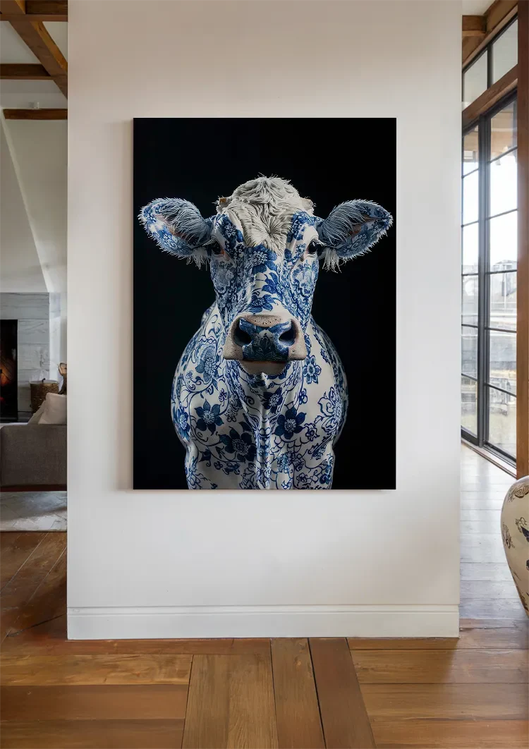 Delfts Blauwe Koe Bloemenpatroon Zwarte Achtergrond Artistiek Schilderij