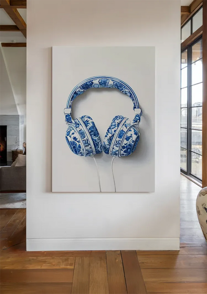 Delfts Blauw Koptelefoon Bloemenpatroon Porselein Pop Art Schilderij