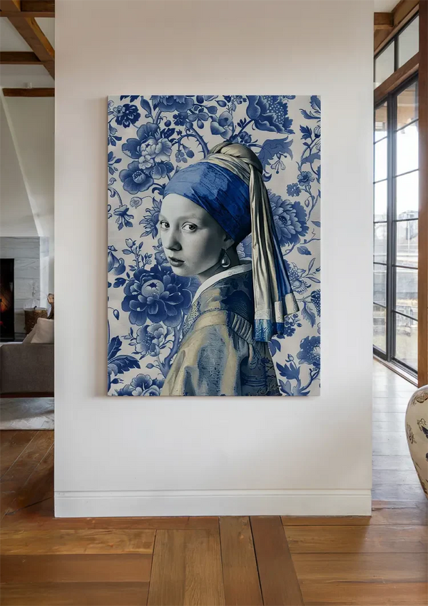 Delft Blue Girl with a Pearl Earring Portrait Floral Background Painting