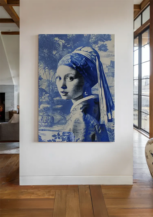 Meisje met de parel canvas schilderij aan de wand in de hal