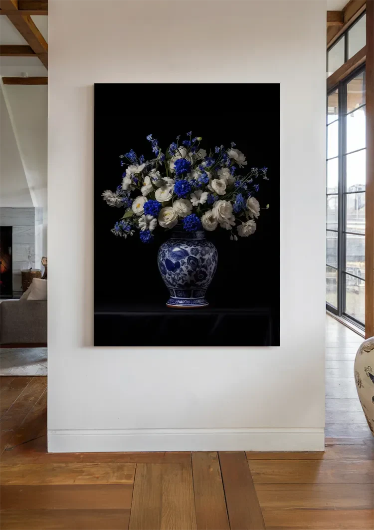 Delfts Blauwe Vaas Witte Rozen Blauwe Bloemen Zwarte Achtergrond Schilderij