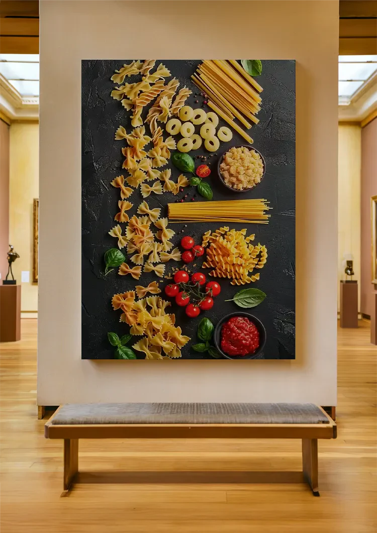 Colorful Italian Pasta Varieties Fusilli Spaghetti Tomatoes Dark Painting