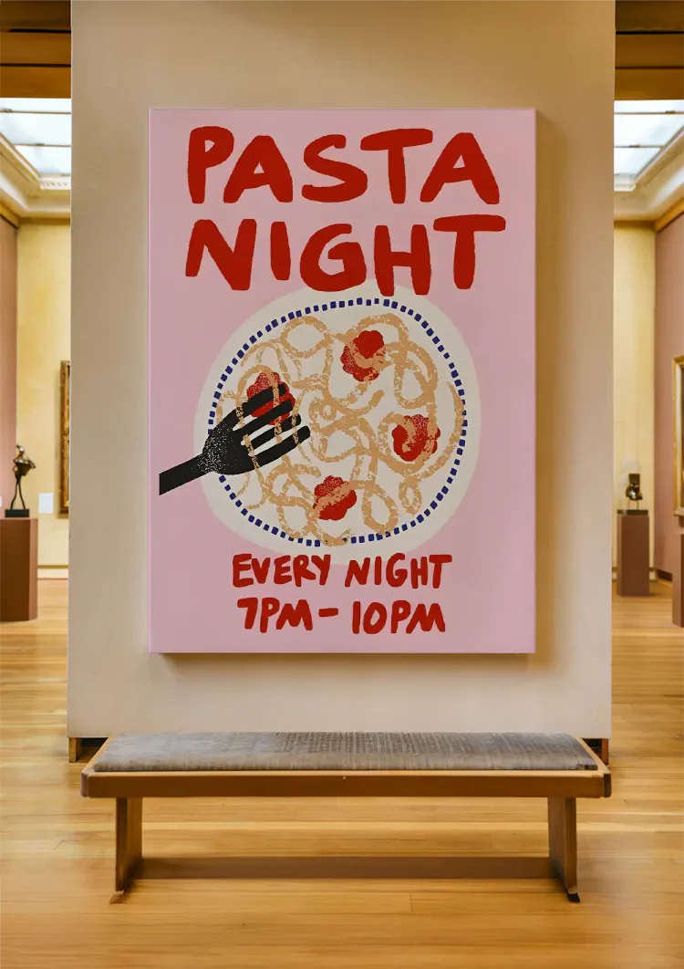 Pasta Night Retro Poster Pink Background Playful Illustration Italian Food Painting