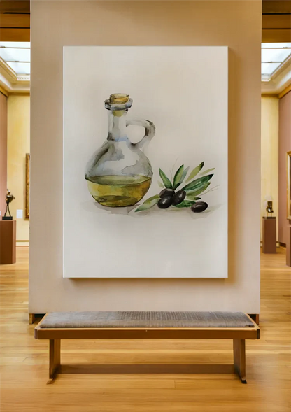 Olijfolie Fles Zwarte Olijftak Waterverf Botanisch Keuken Illustratie Schilderij