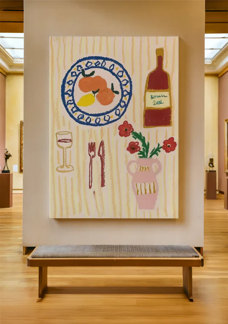 Playful Dining Table Arrangement Wine Oranges Red Flowers Painting