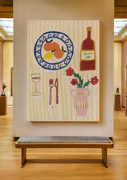 Playful Dining Table Arrangement Wine Oranges Red Flowers Painting