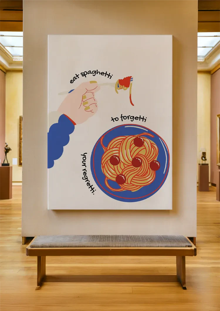 Spaghetti Teller Verspielte Illustration Essen Text Poster Gemälde