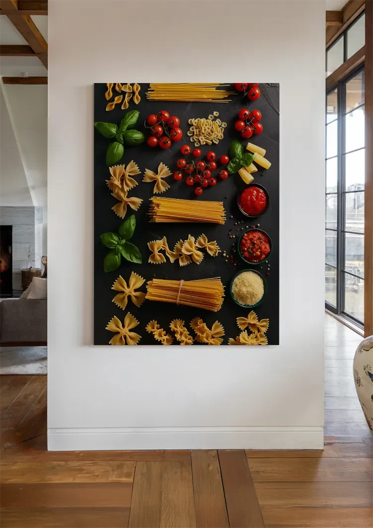 Italienisches Pasta-Sortiment Tomate Basilikum Dunkler Hintergrund Gemälde