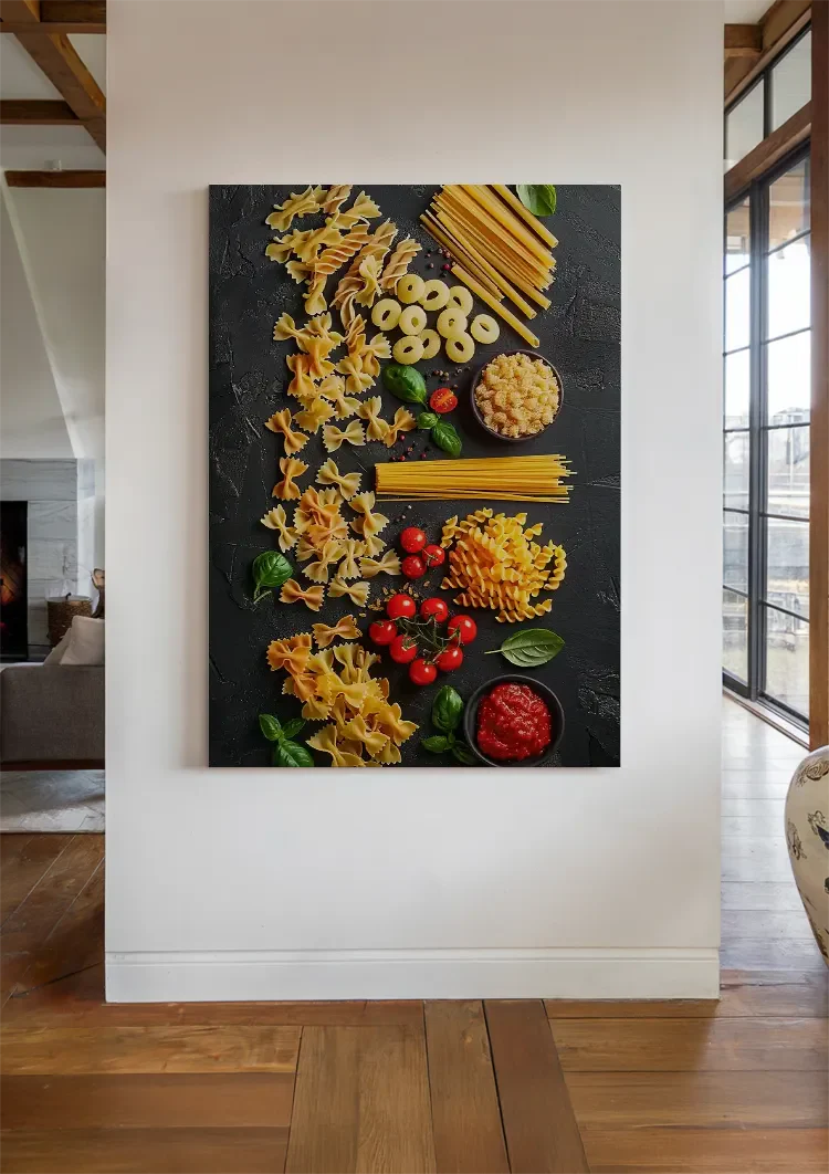 Colorful Italian Pasta Varieties Fusilli Spaghetti Tomatoes Dark Painting