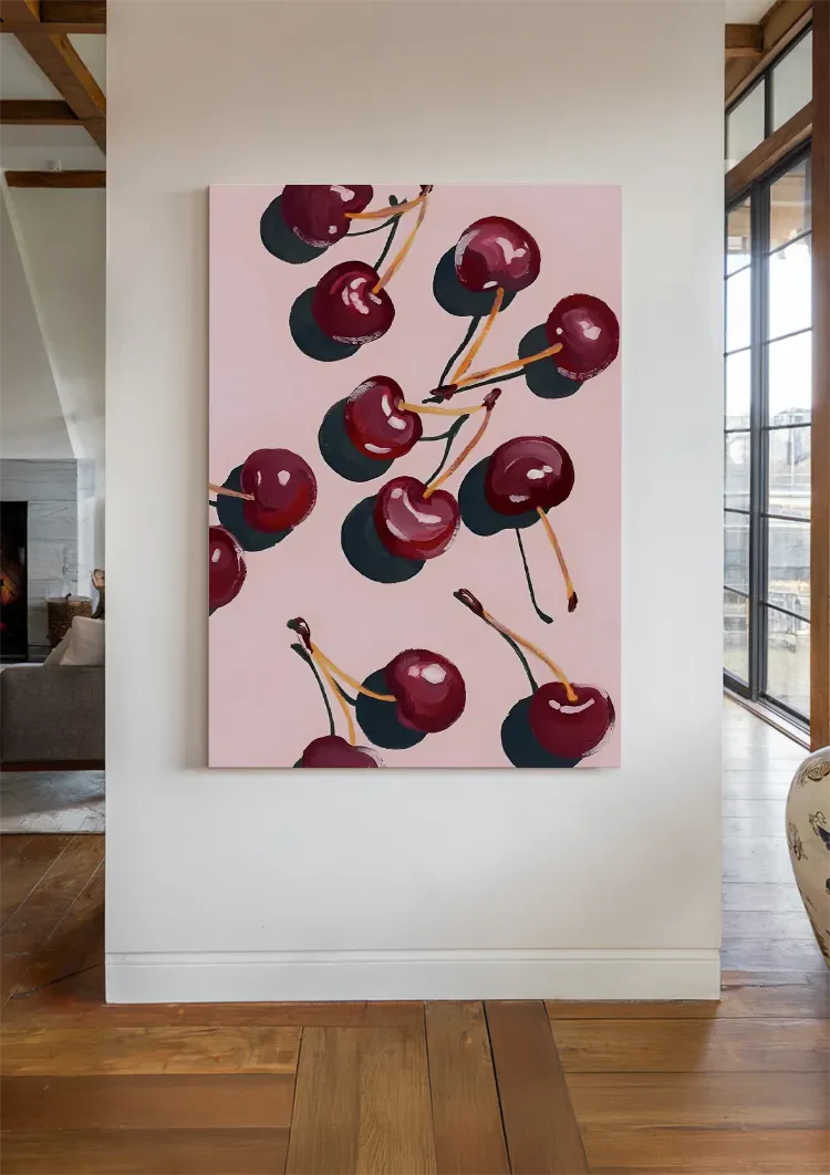 Dark Red Cherries Pink Background Fruit Still Life Painting