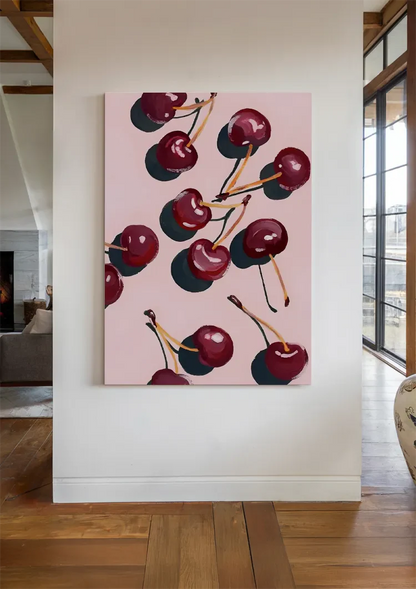 Dark Red Cherries Pink Background Fruit Still Life Painting