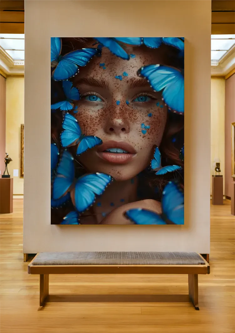 Female Portrait Surrounded by Blue Butterflies Dramatic Colorful Painting