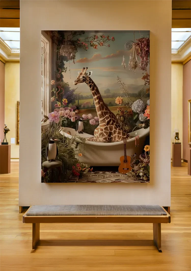 Giraf In Bad Kleurrijke Bloemen Surrealistisch Dromerig Schilderij