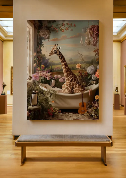 Giraf In Bad Kleurrijke Bloemen Surrealistisch Dromerig Schilderij
