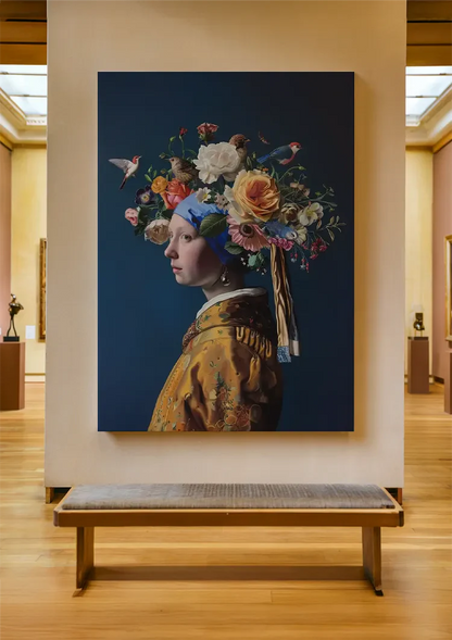 Girl with a Pearl Floral Crown Colorful Flowers Modern Baroque Painting