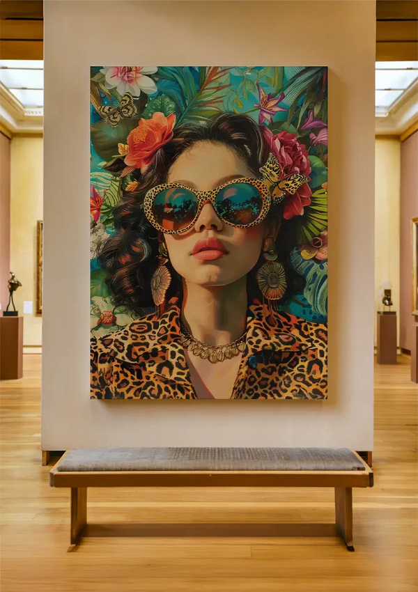 Stilvolle Frau Schmetterlingsbrille Leopardenmuster Tropische Blumen Glamouröses Gemälde