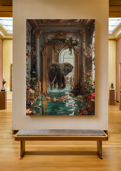 Olifant Fantasie Barokke Zaal Gouden Ornament Bloemen Water Surrealistisch Schilderij