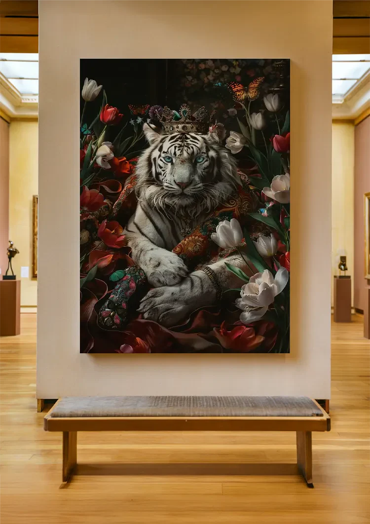 Witte Tijger Kroon Kleurrijke Bloemen Vlinders Donkere Achtergrond Fantasie Schilderij