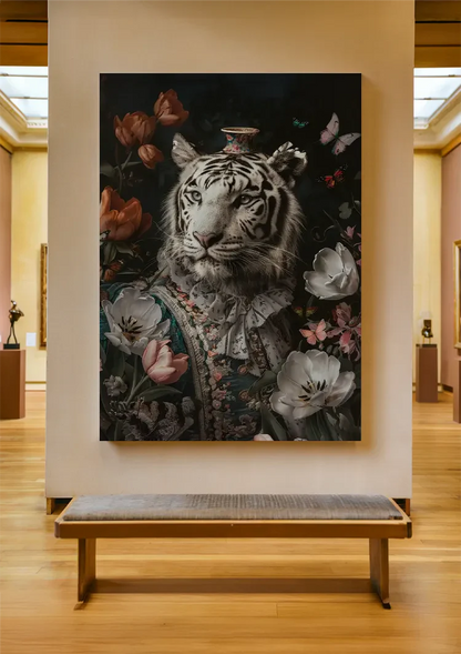 Witte Tijger Barok Kostuum Bloemen Vlinders Vaas Elegant Portret Schilderij