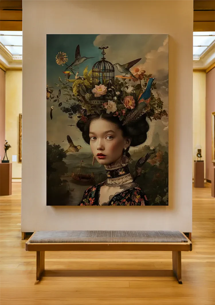 Vrouw Bloemen Vogels Donker Barok Portret Schilderij