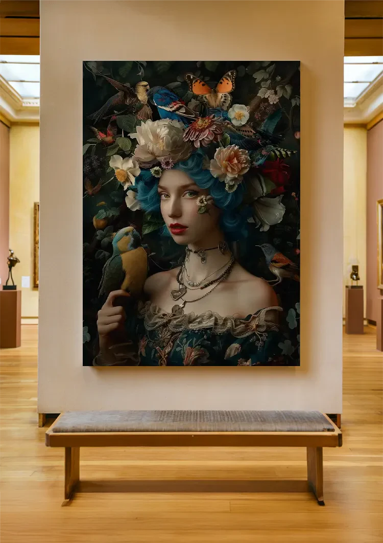 Frau Blaues Haar Blumenkranz Vögel Natur Porträt Gemälde